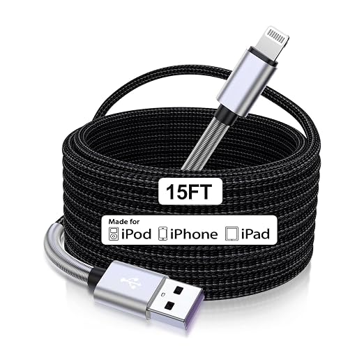 15FT 5M MFi Certified Lightning Cable 2.4A Long Nylon Braided iPhone Charger Cord