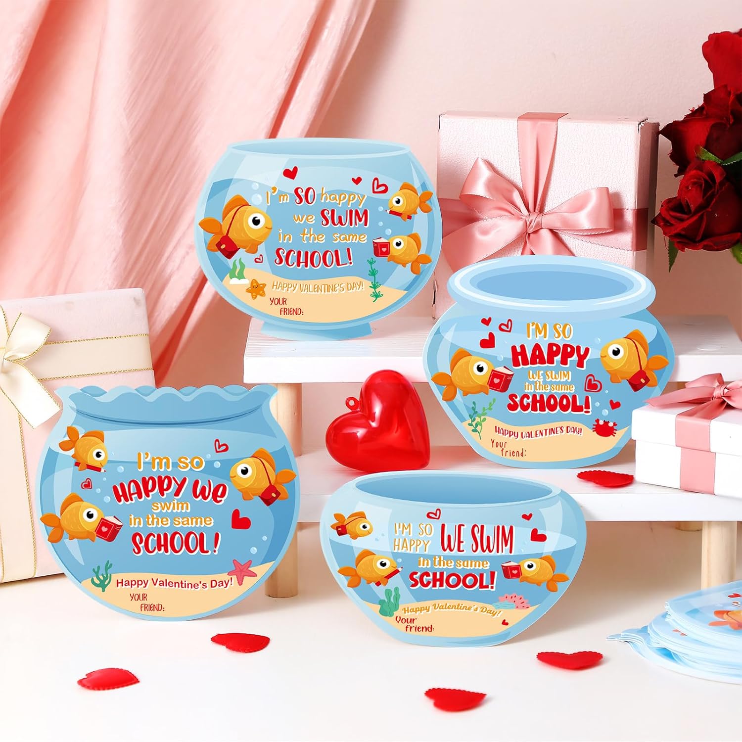 60 Pcs Fish Valentine'S Day Cards Bulk Valentines Goldfish Bowl Greeting Cards Funny Exchange Prize Birthday Party Favors Supplies