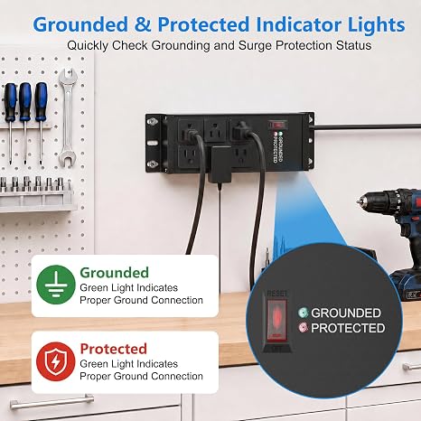 Heavy Duty Black Surge Protector Power Strip with 6 Outlets and 4FT Cord for Garage and Workshop