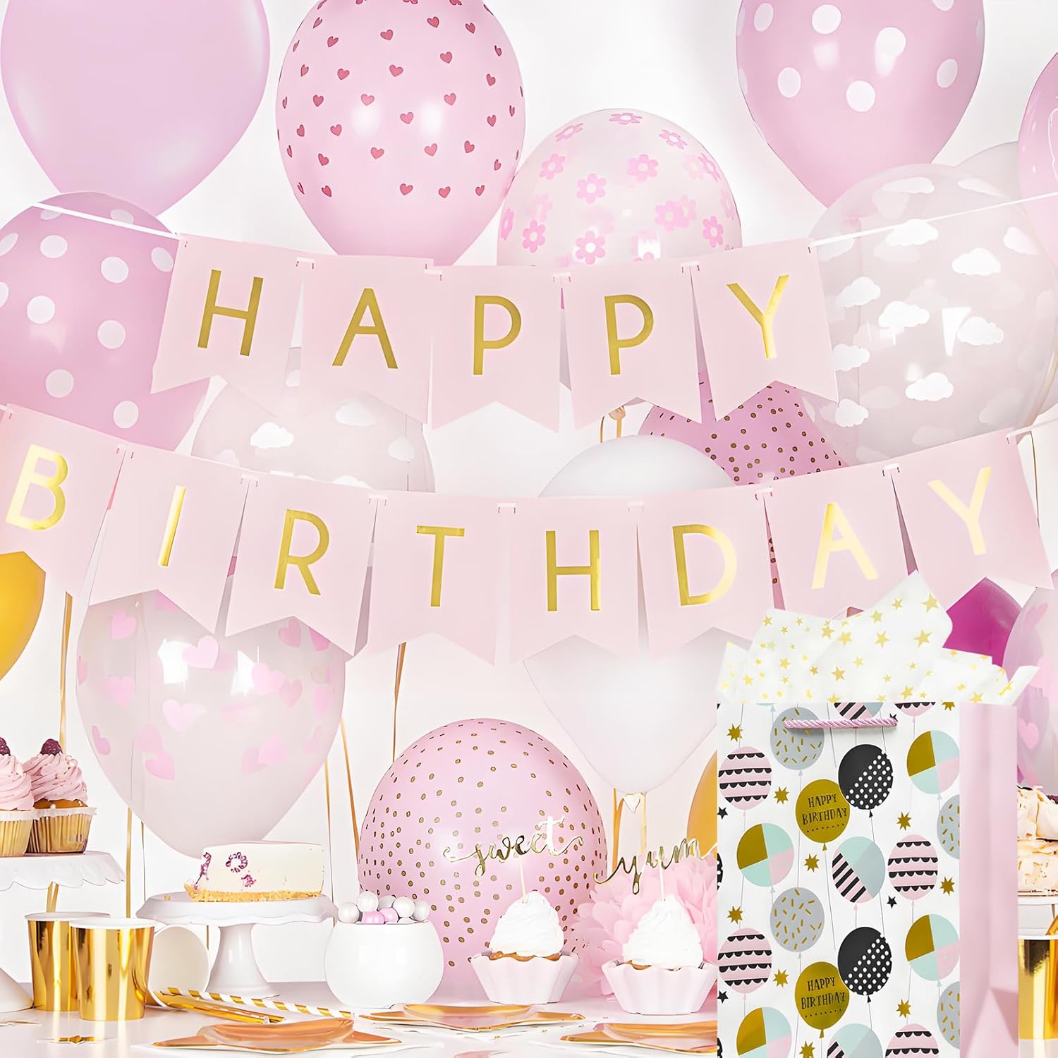 12.6" Medium Happy Birthday Gift Bag With Handles For Women Mom Girls Baby Kids Pink Paper Gift Wrap Bags For Her With Tissue Paper,1Pcs