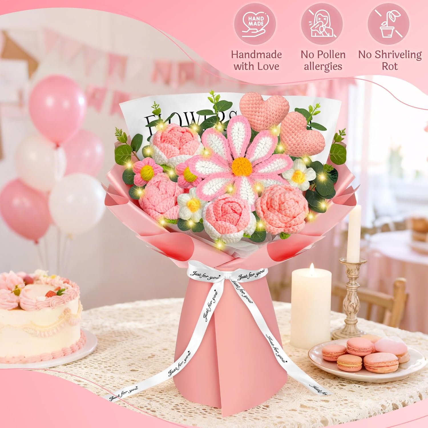 Crochet Flowers Bouquet With Lights,Pink Knitted Flowers,Handmade Crochet Roses, Heart,Gesang Flower, Wedding, Birthday, Anniversary, Mother’S Day For Her,Girlfriend Graduation Gift(Includes Card)