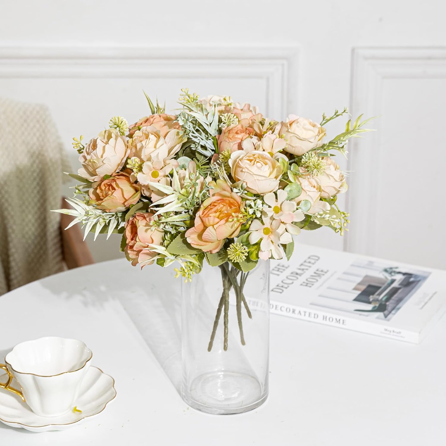 Artificial Peonies Flowers,Fake Peony Silk Flower Bouquet 3 Bundles Plastic Florals Bulk Arrangements For Vase Wedding Decoration(Orange)