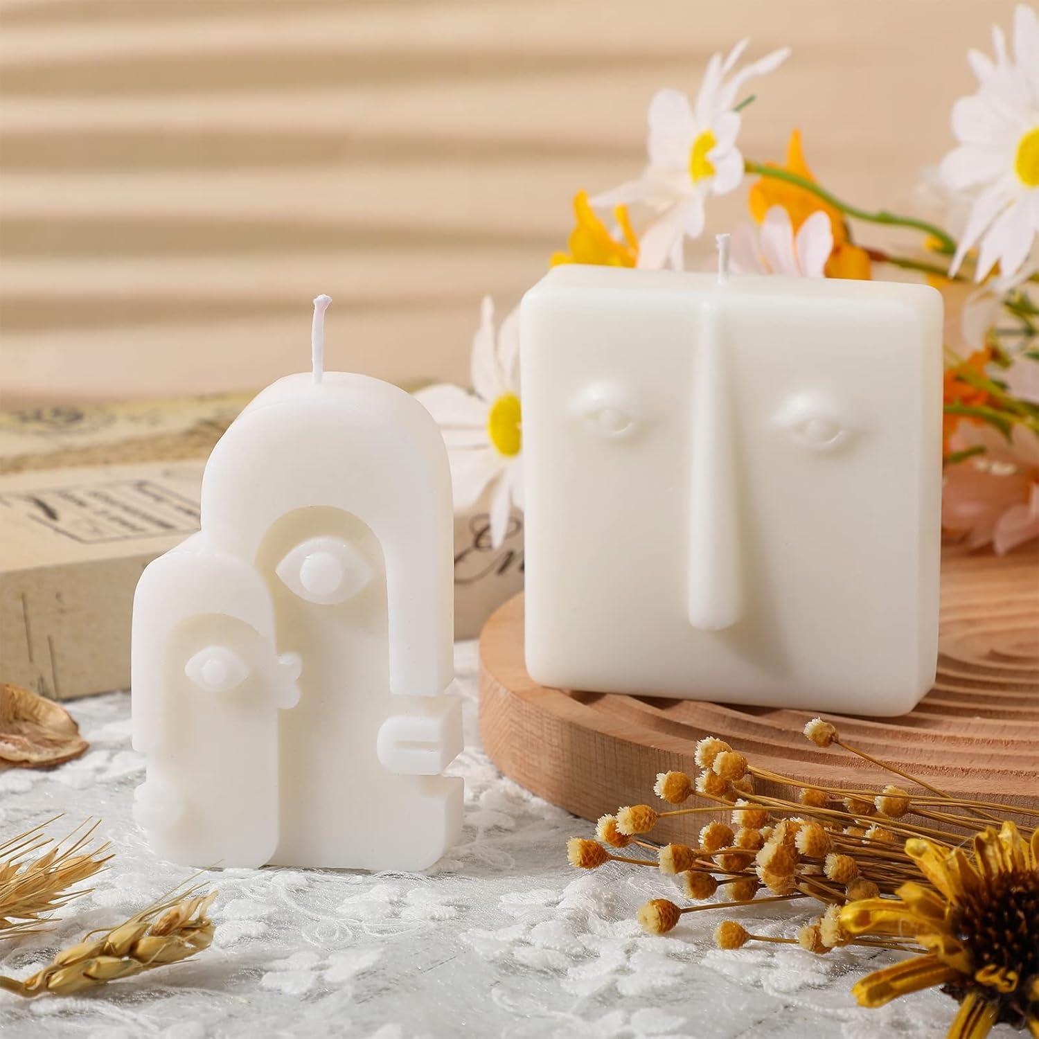 2 Pcs Shaped Candles Cool Candles Aesthetic Weird Face Geometric White Decorative Sculpture Scented Soy Wax Fun Modern Trendy For Bedroom Bathroom Shelf Decor(Simple Style)