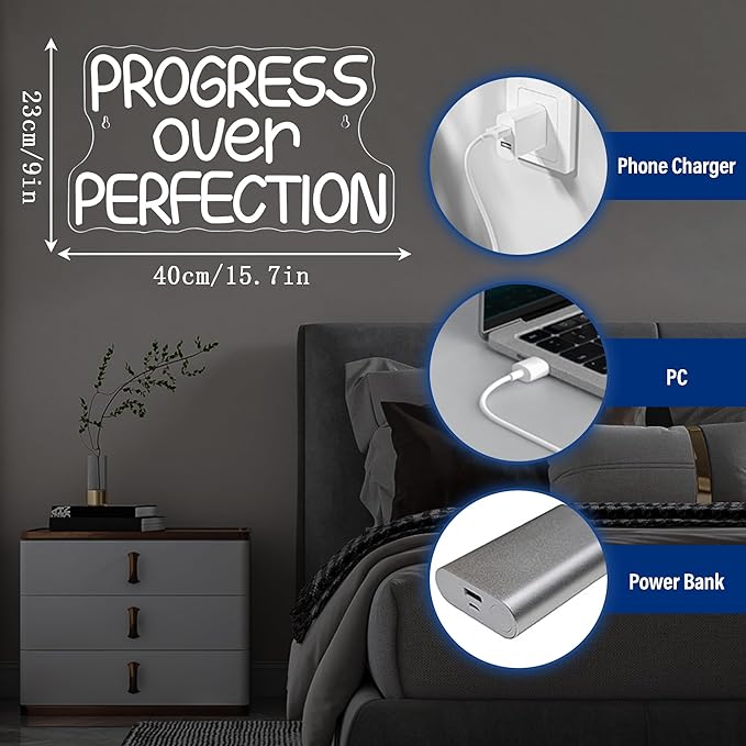 Progress Over Perfection Neon Sign LED Dimmable Motivational Wall Light for Classroom Office Bedroom Decor