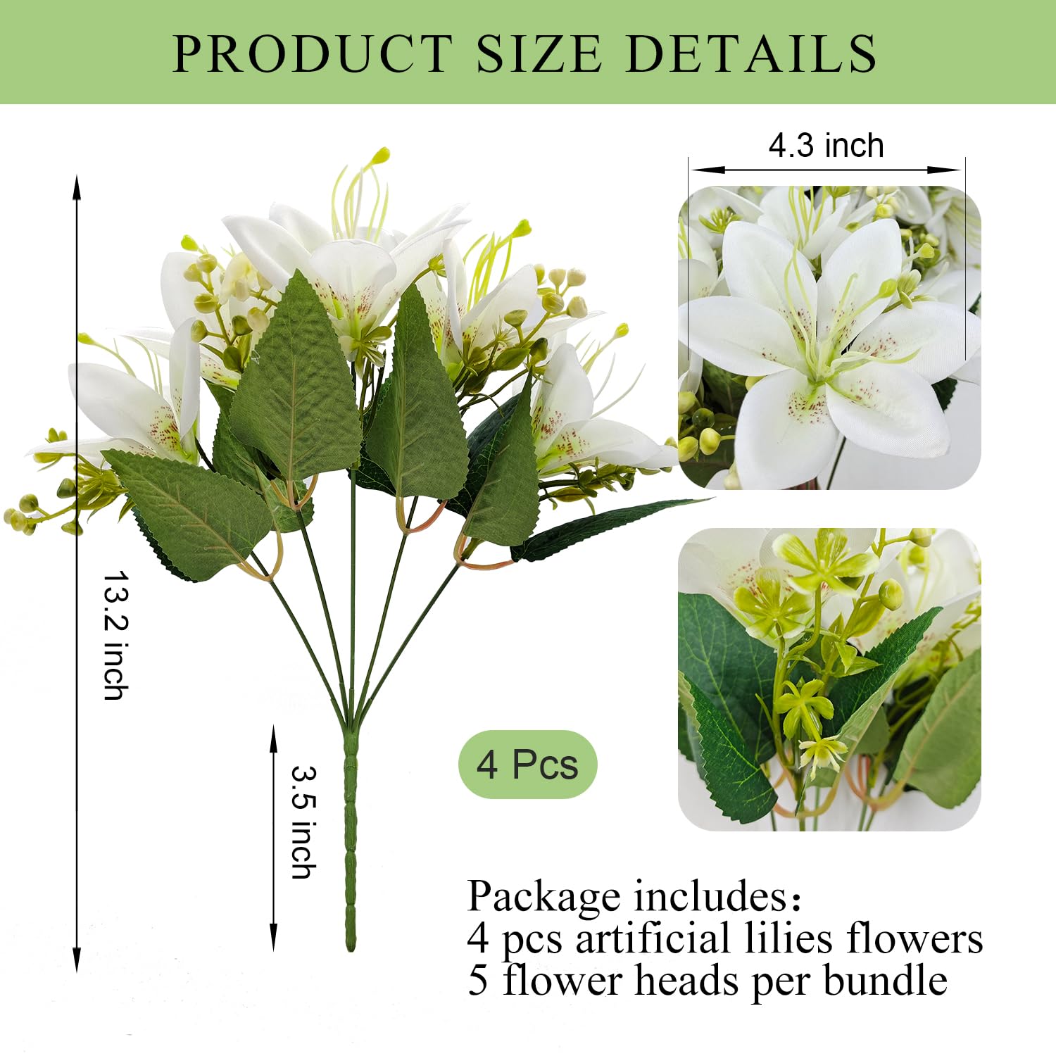 4 Bundles Artificial Tiger Lily Silk Flowers Faux Fake Lilies Plants For Wedding Bouquet Home Party Indoor Table Hotel Office Vases Floral Arrangements Outdoor Garden Decor (White)