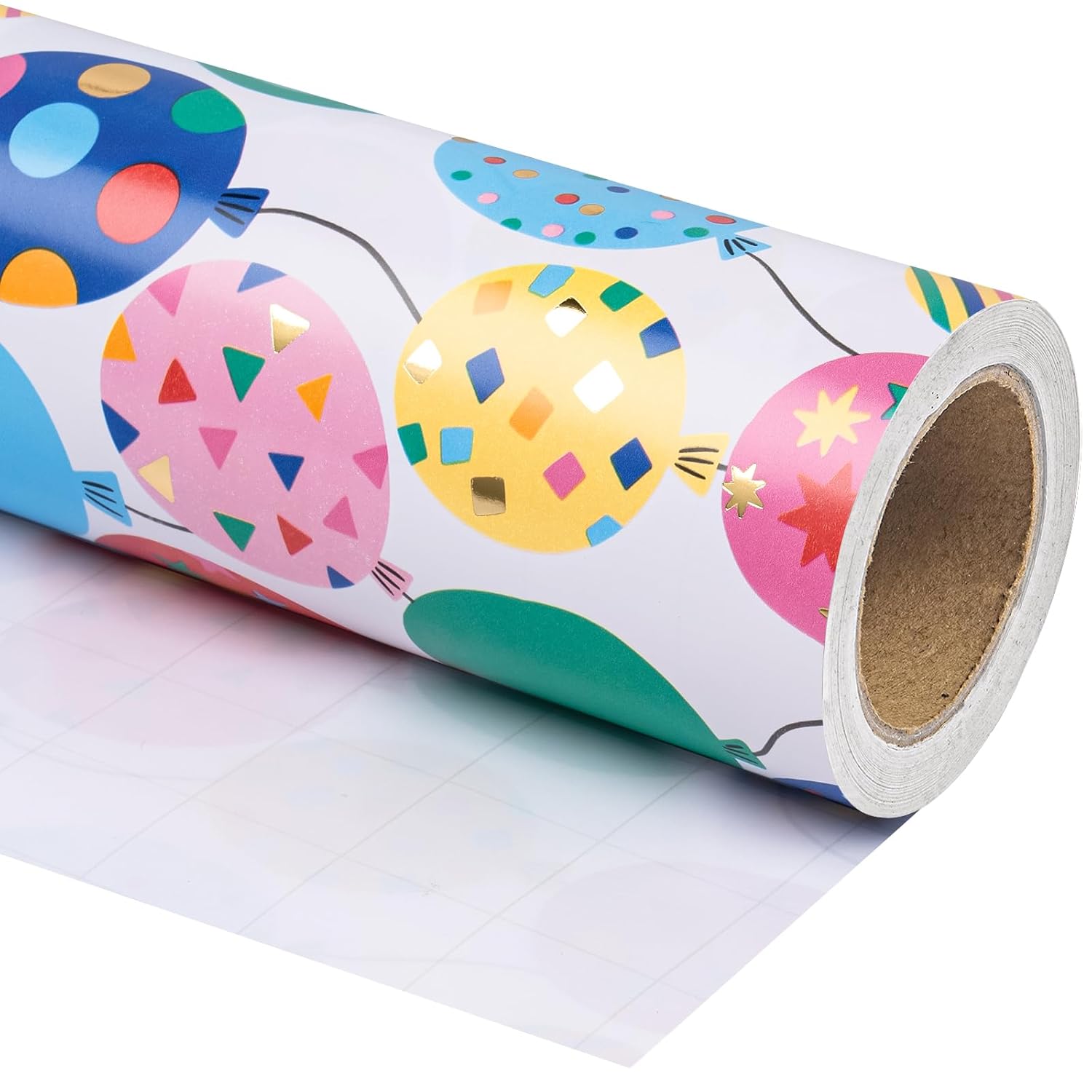 Birthday Wrapping Paper Roll - Mini Roll - 17 Inch X 16.5 Feet - Gold Foil Colorful Balloon Design Perfect For Birthday, Holiday, Party, Baby Shower