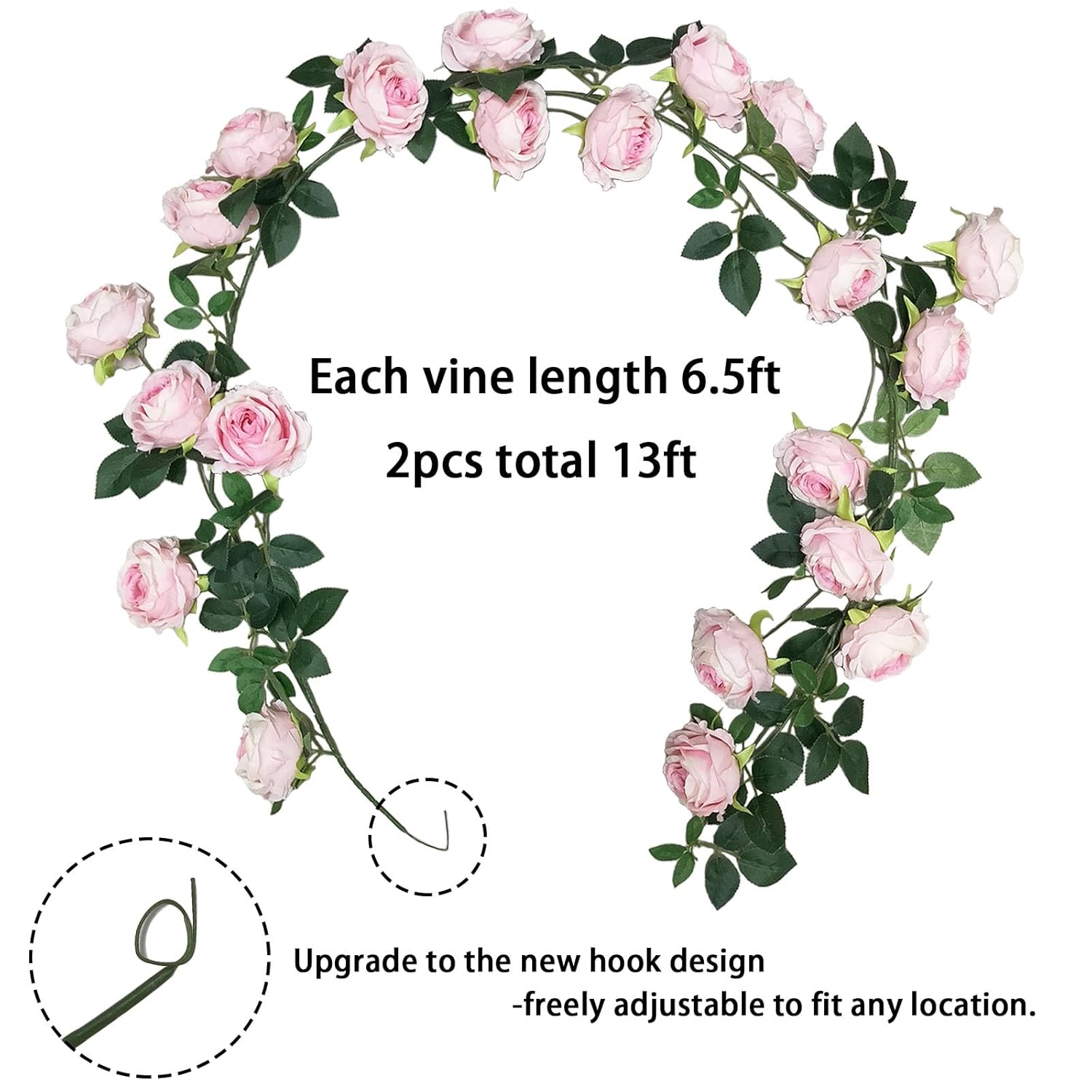 2Pcs(13Ft) Artificial Flower Garland, Hanging Fake Pink Roses Vines With 21 Large Size Silk Flowers(Dia 4 Inch), For Indoor Outdoor Party Home Wedding Birthday Bedroom Home Wall Decor