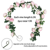 2Pcs(13Ft) Artificial Flower Garland, Hanging Fake Pink Roses Vines With 21 Large Size Silk Flowers(Dia 4 Inch), For Indoor Outdoor Party Home Wedding Birthday Bedroom Home Wall Decor