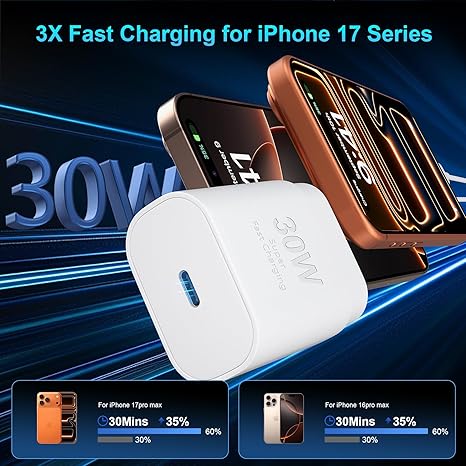 30W USB C Fast Charger with 10FT USB C Cable for iPhone 17 16 15 Samsung iPad