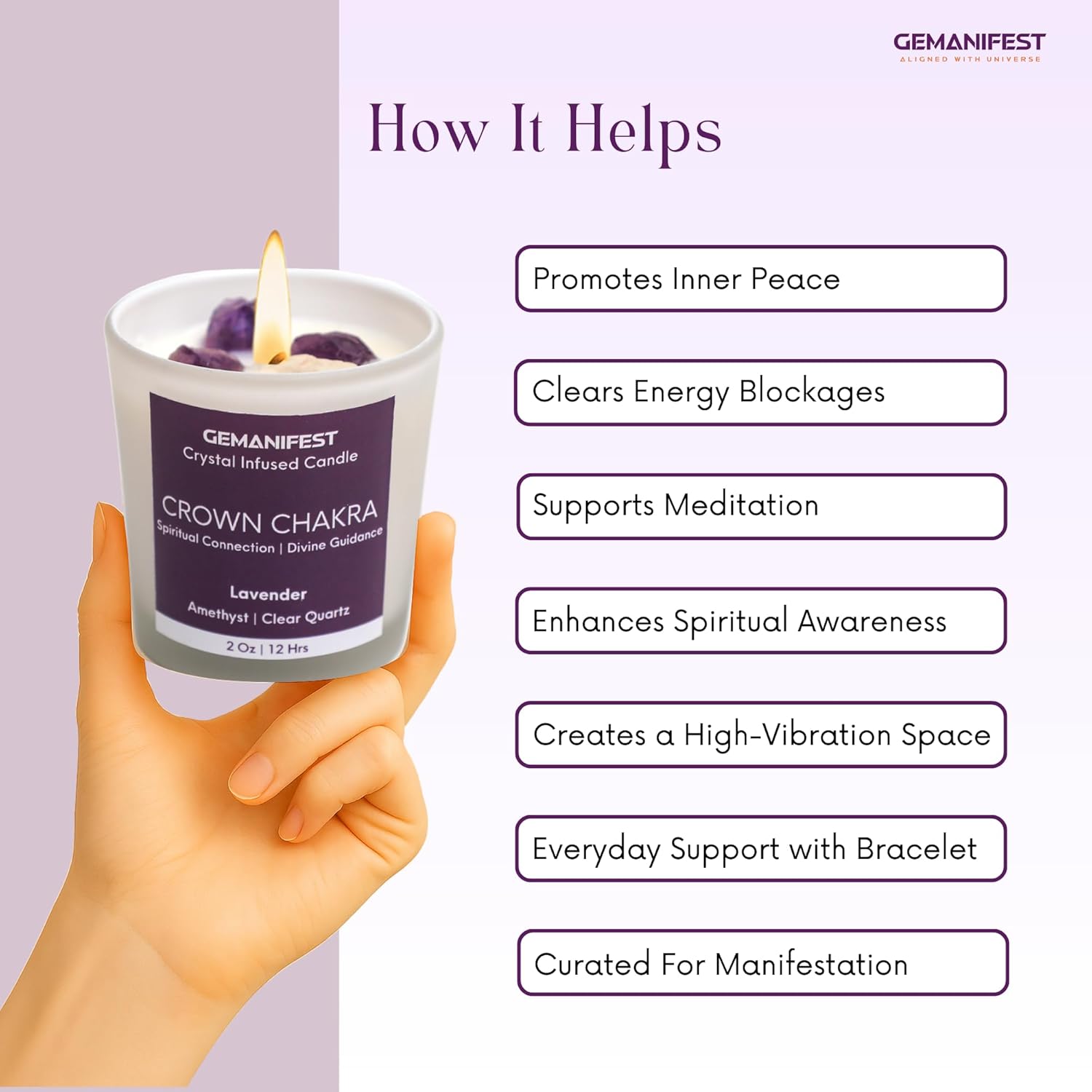 Crown Chakra Meditation Candle With Healing Crystals And Amethyst Bracelet Lavender Candles For Home Relaxing Candles For Women Stress Relief Spiritual Meditation Gifts For Women Men