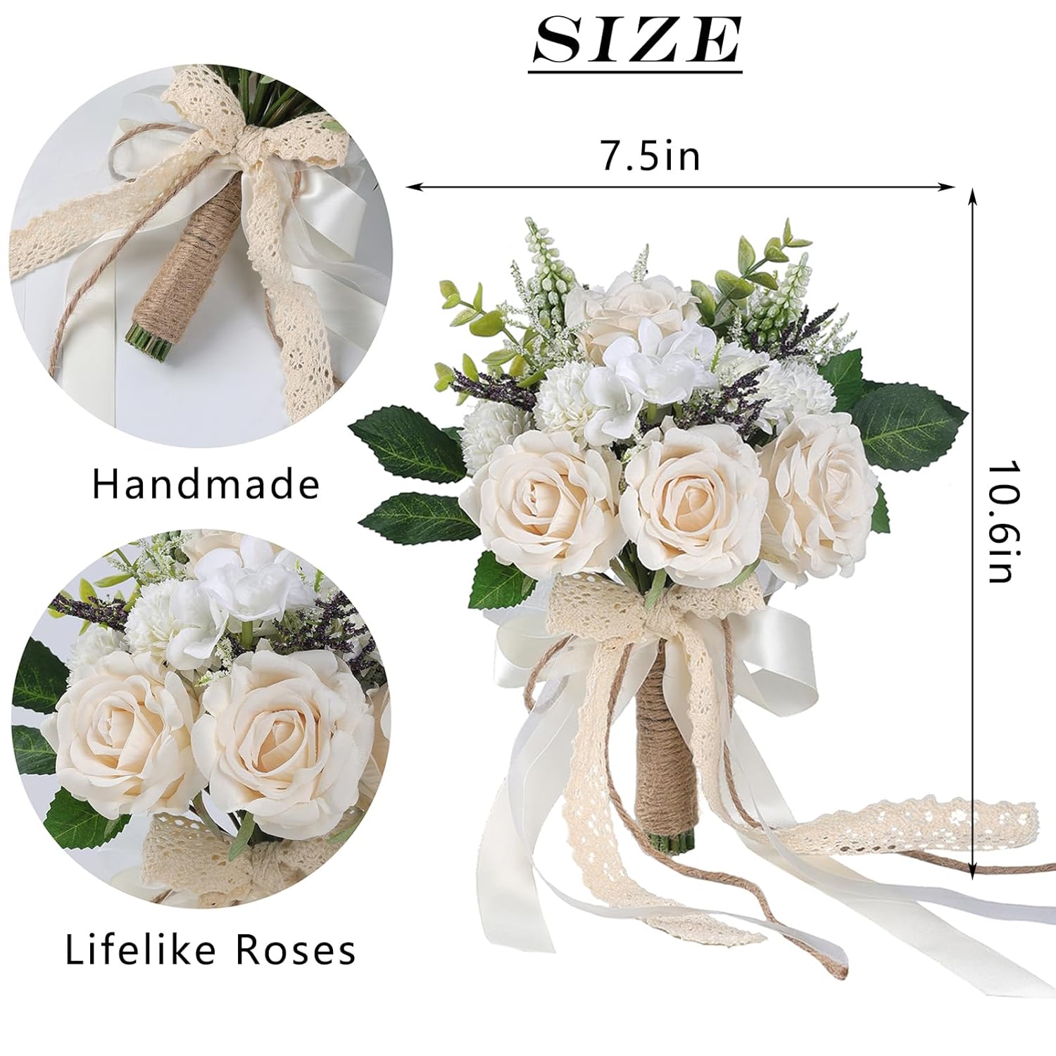 Wedding Bouquets For Bride Bridesmaid,White Champagne Artificial Roses Flowers For Wedding Church Decoration (7.5In)