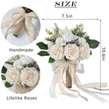 Wedding Bouquets For Bride Bridesmaid,White Champagne Artificial Roses Flowers For Wedding Church Decoration (7.5In)