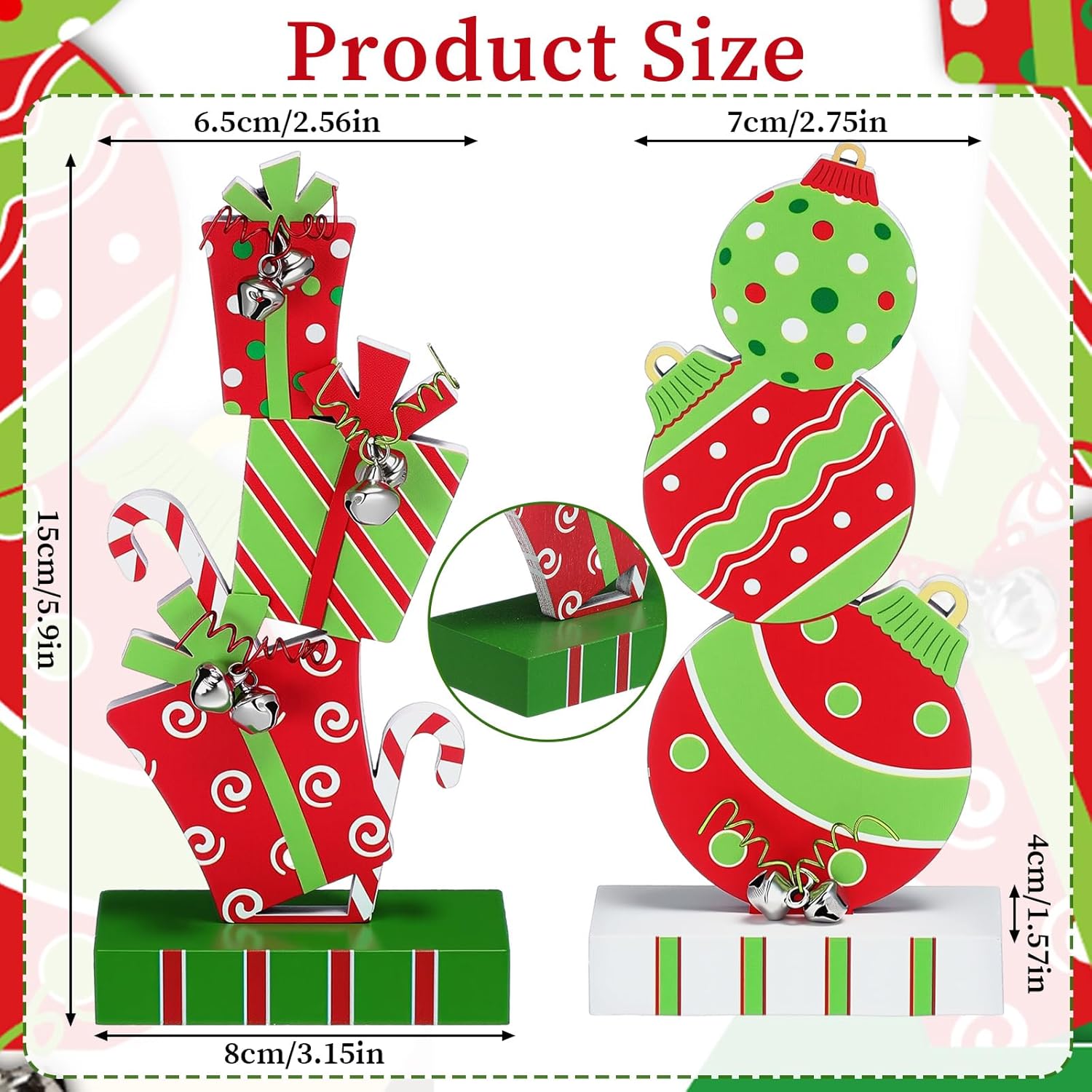 2 Pcs Christmas Table Decorations 5.9 Inch Wooden Xmas Centerpieces Red Green Gifts Box And Ball Ornaments Shape Christmas Signs Tabletop With Bells For Table Shelf Fireplace Holiday