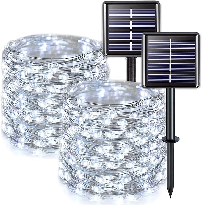 2 Pack Solar Fairy String Lights 33FT 100 LED White Outdoor Waterproof Solar Lights with 8 Lighting Modes for Garden Tree Patio Yard Wedding Holiday Decor