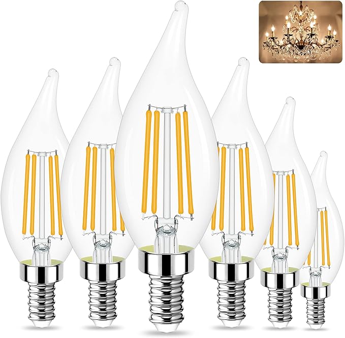 E12 LED Candelabra Bulbs 6 Pack Dimmable 60W Equivalent 3000K Warm White Filament Chandelier Lights