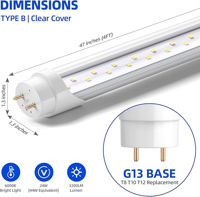25 Pack 4FT T8 LED Bulbs Type B 24W 3200LM 6000K G13 Double End Powered Fluorescent Replacement