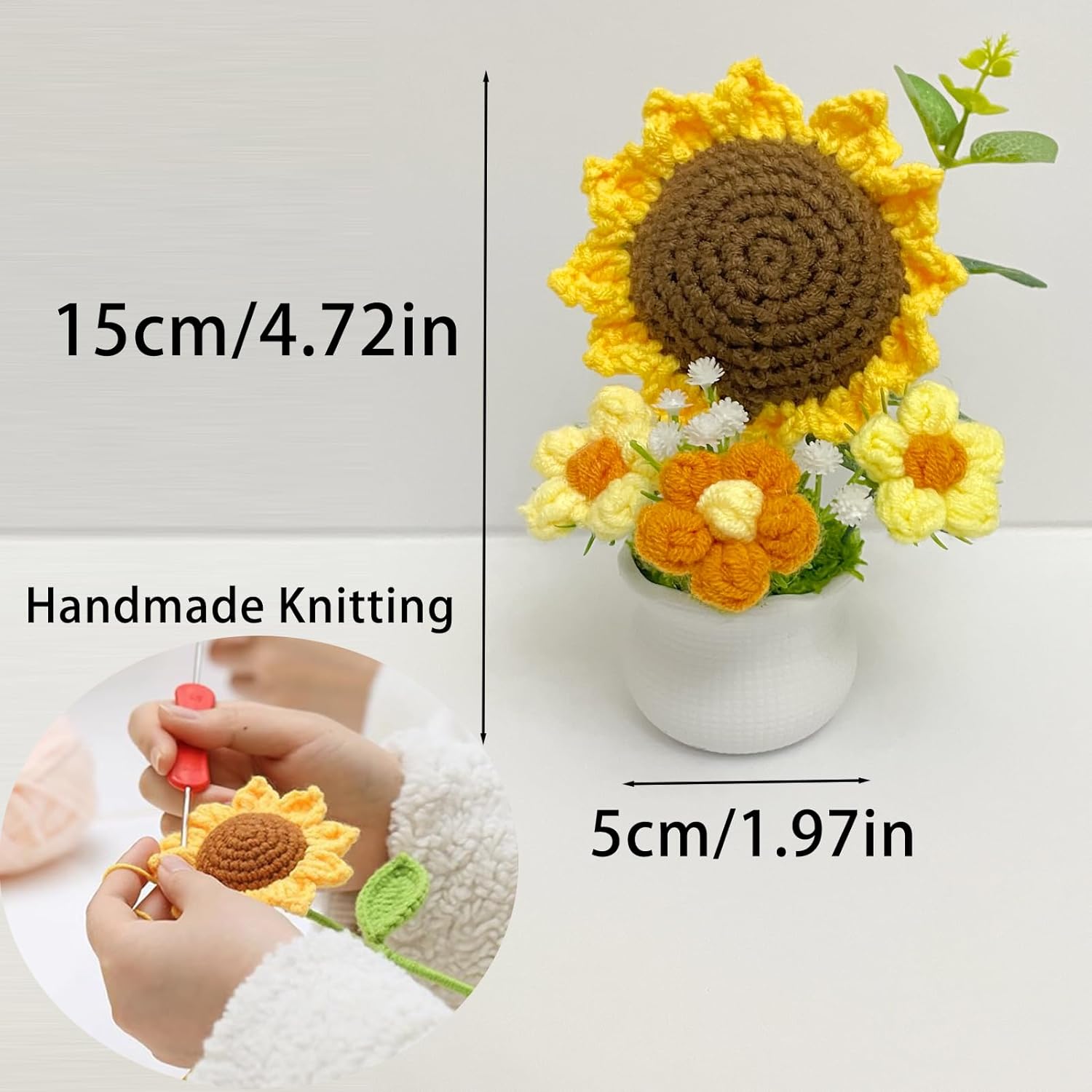 Handmade Crochet Sunflower Flower Potted Plants–Knitted Floral Decor For Office Desk, Car Dashboard, Unique Birthday Gifts For Women, Mom, Teacher (Sunflower)