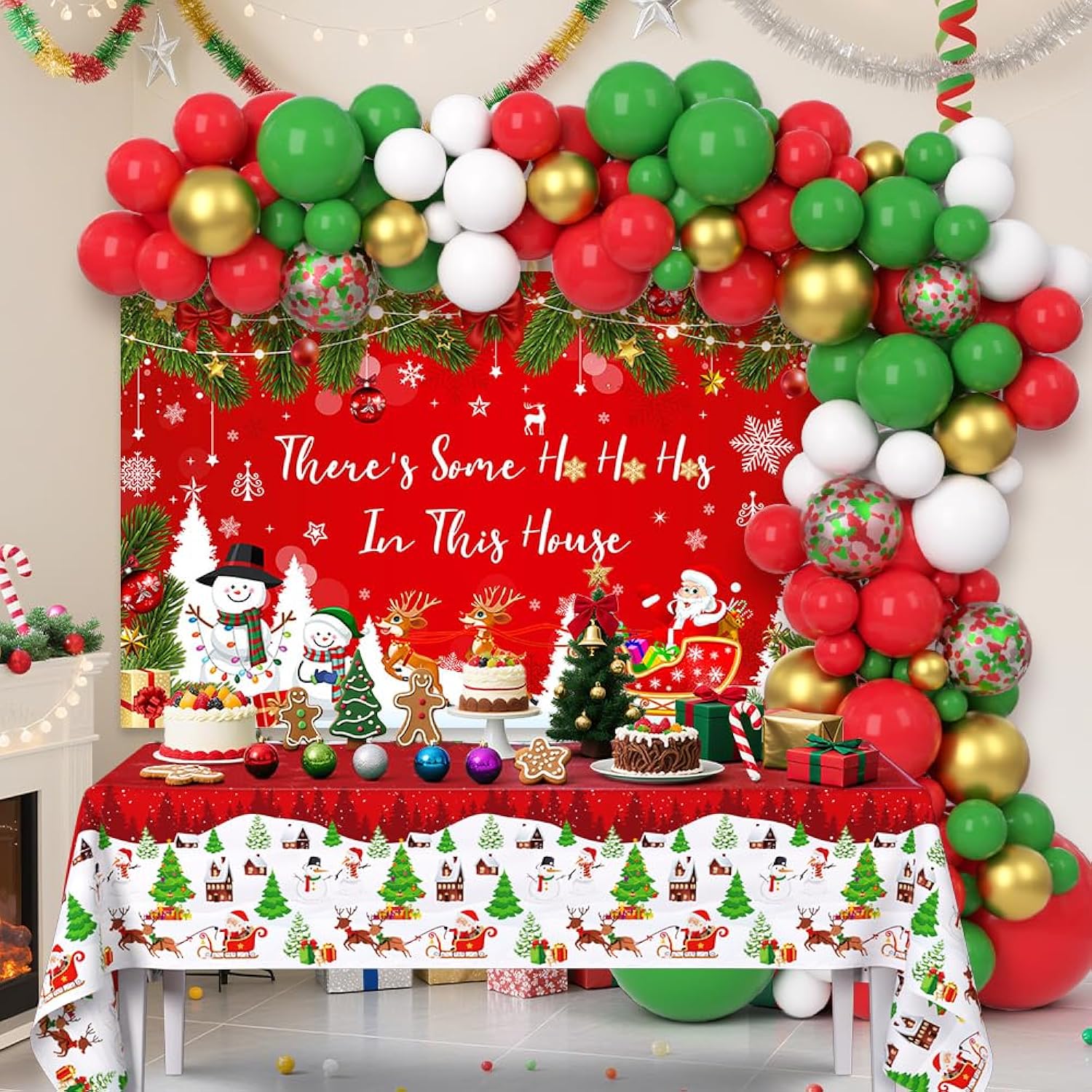 129Pcs Happy Christmas Party Decorations Merry Christmas Balloon Arch Kit Includes There Is Some Ho Ho Ho In This House Banner, Xmas Themed Balloons And Tablecloths For Merry Friendsmas Party