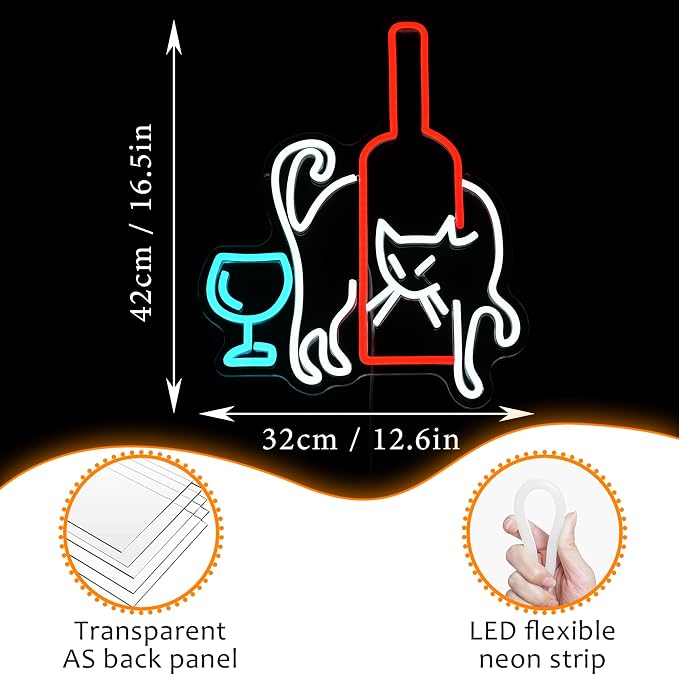 Cat Beer Neon Sign USB Dimmable LED Wall Light with Wine Glass for Home Bar Man Cave Decor