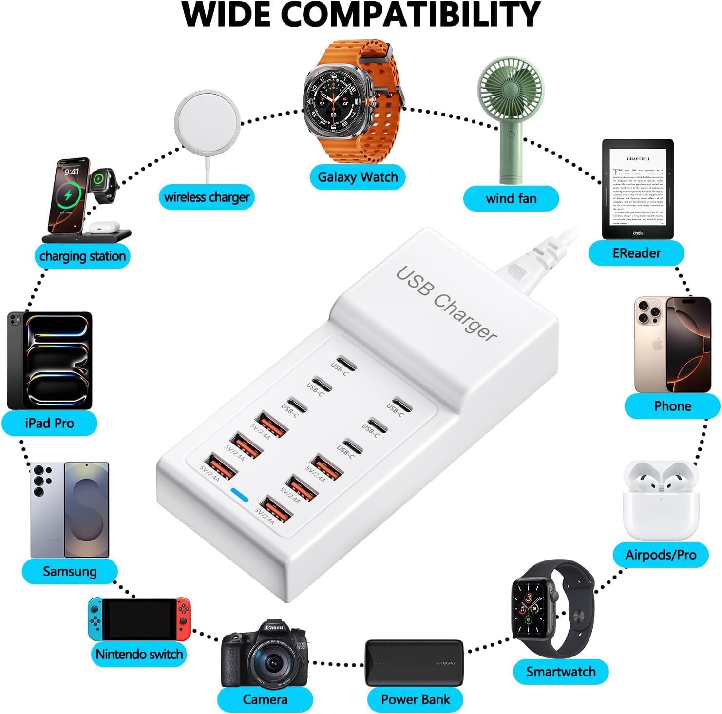 50W USB C Charging Station 12 Port Multi USB C Charger Power Strip for Phones Tablets
