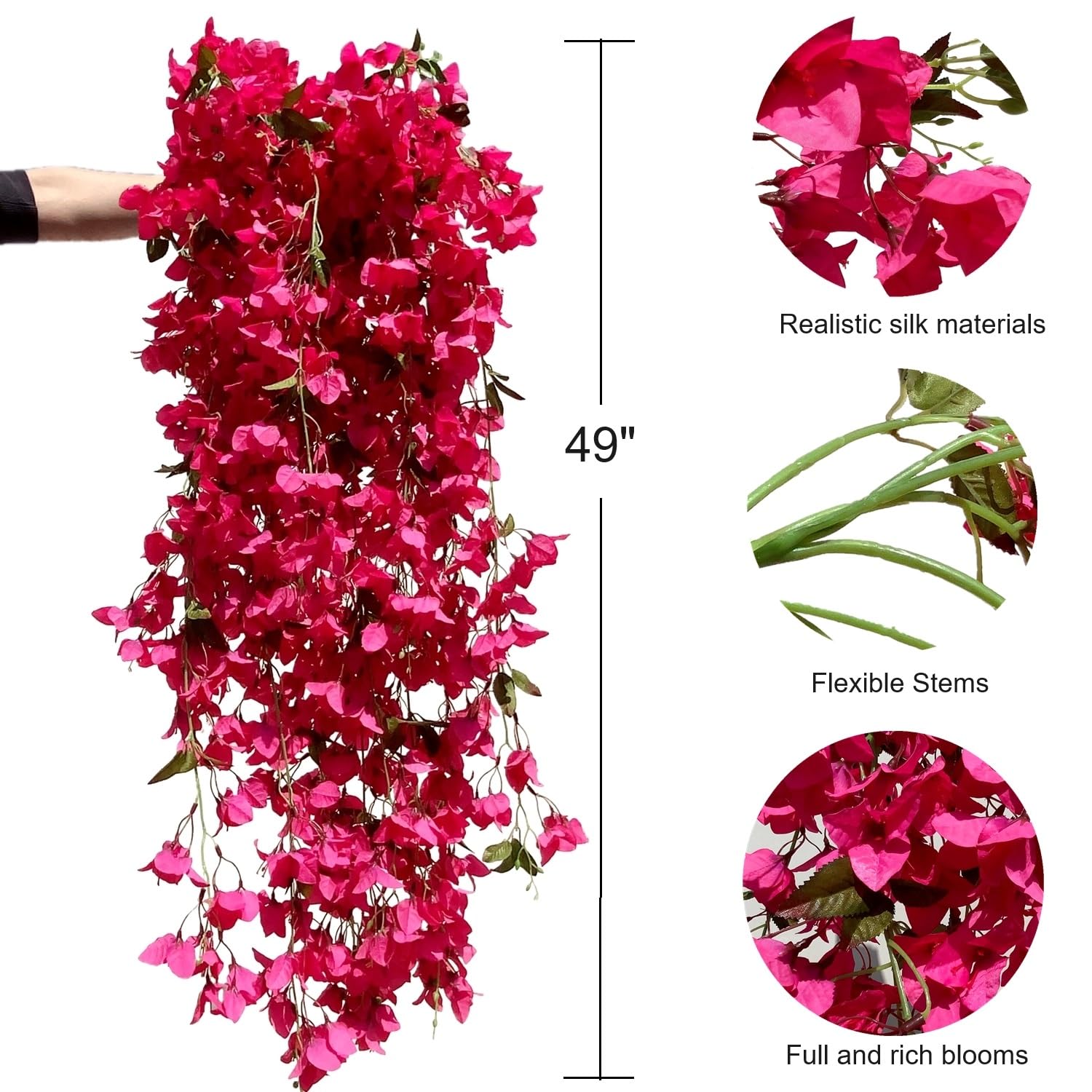 49 Inch Artificial Bougainvillea Silk Vines Faux Hanging Flowers For Home Decor Garden Display Wedding Decoration Indoor Floral Accents (Fuchsia - Pack Of 2)