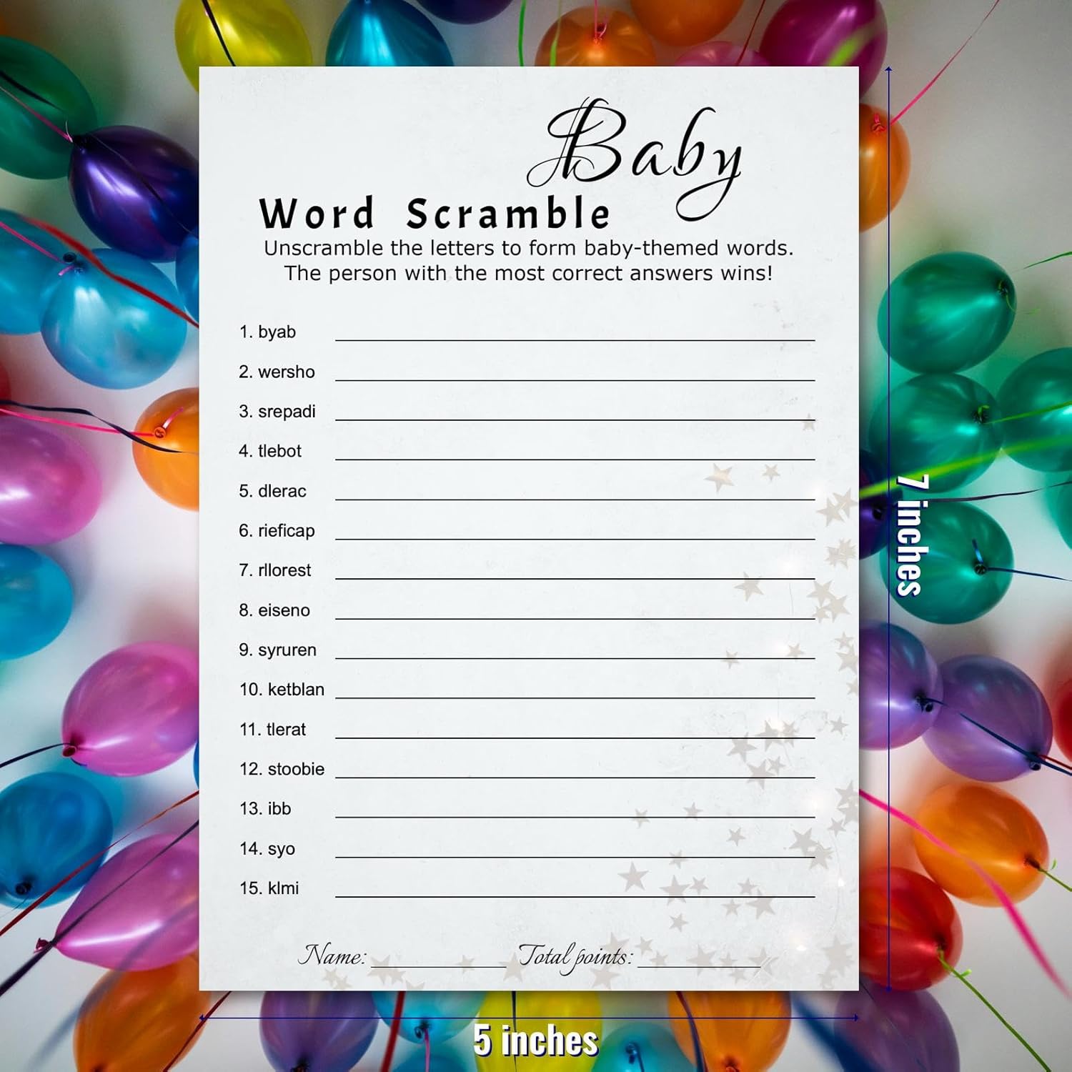 Baby Shower Word Scramble Trivia Game Cards - 30 Player Family Friend Party - Minimalist Light Gray Design With Stars & Strips - Ready To Play, Answer Keys Included, 5X7 Inch (Word Scramble)