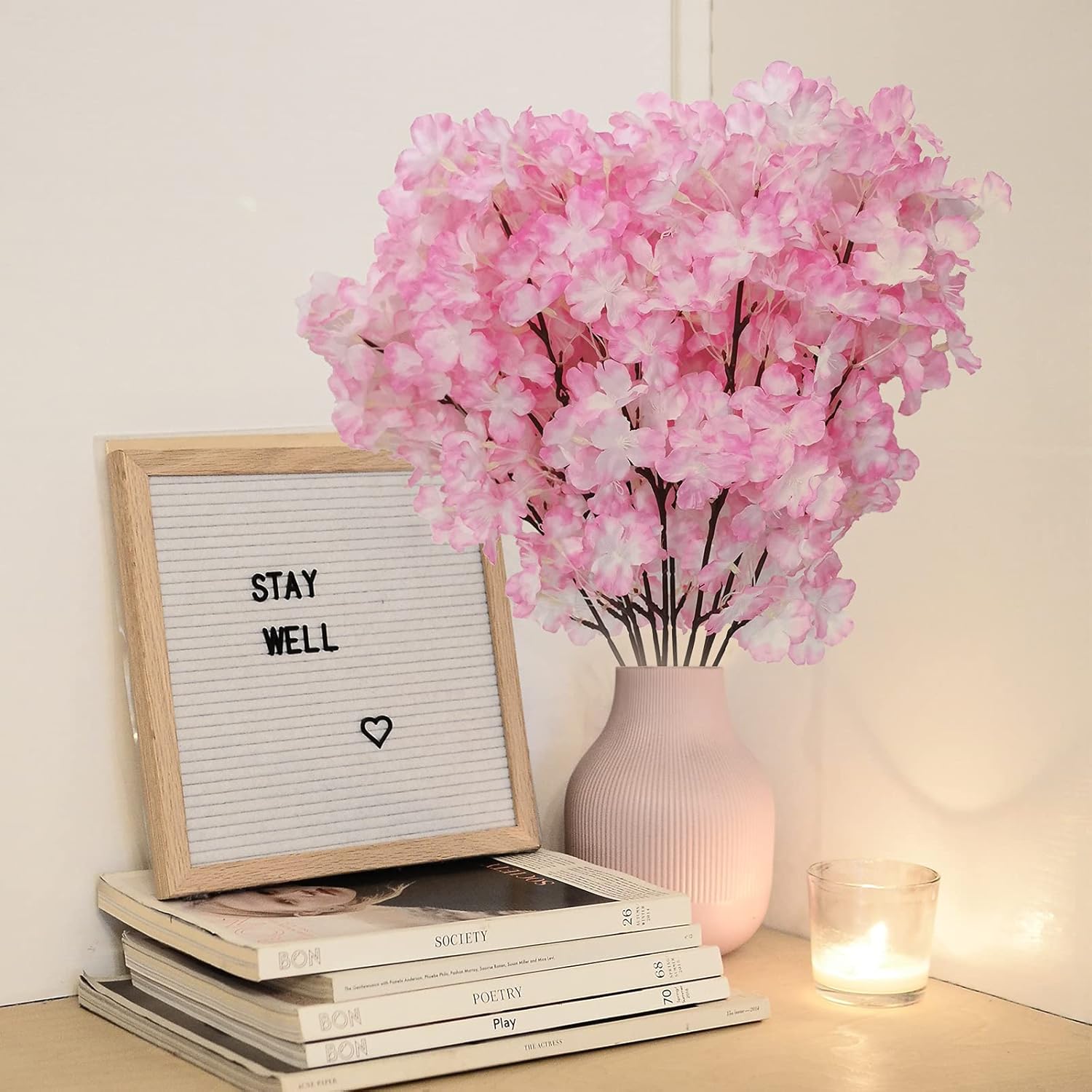 2Pack Artificial Cherry Blossom Flowers, 19.7 Inch Silk Cherry Blossom Branches Faux Pink Cherry Blossom Stems Realistic & Lifelike For Diy Garden Home Hotel Wedding Party Decor
