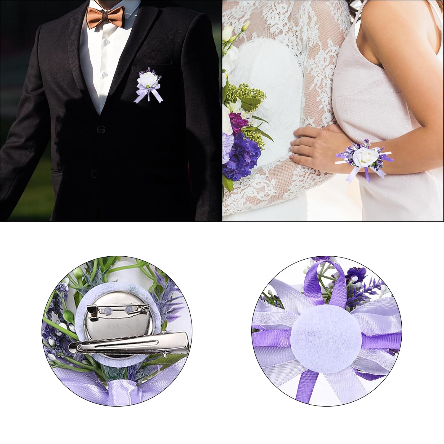 2 Pack Artificial Rose Wrist Corsage And Boutonnieres Set, White And Purple Corsage Wristlet Bride Men Groom Boutonnieres Suit For Wedding Homecoming Party Prom Decorations