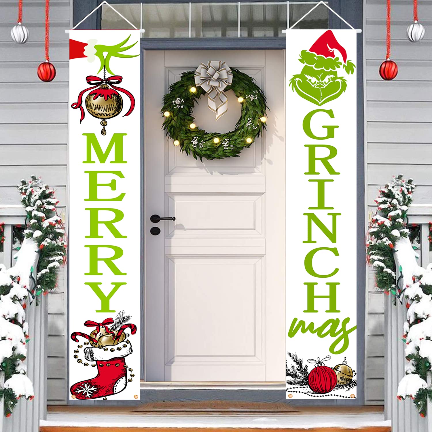 Christmas Grinch Porch Banner,Christmas Grinch Porch Sign Funny Xmas Hanging Banners For Home Indoor Outdoor