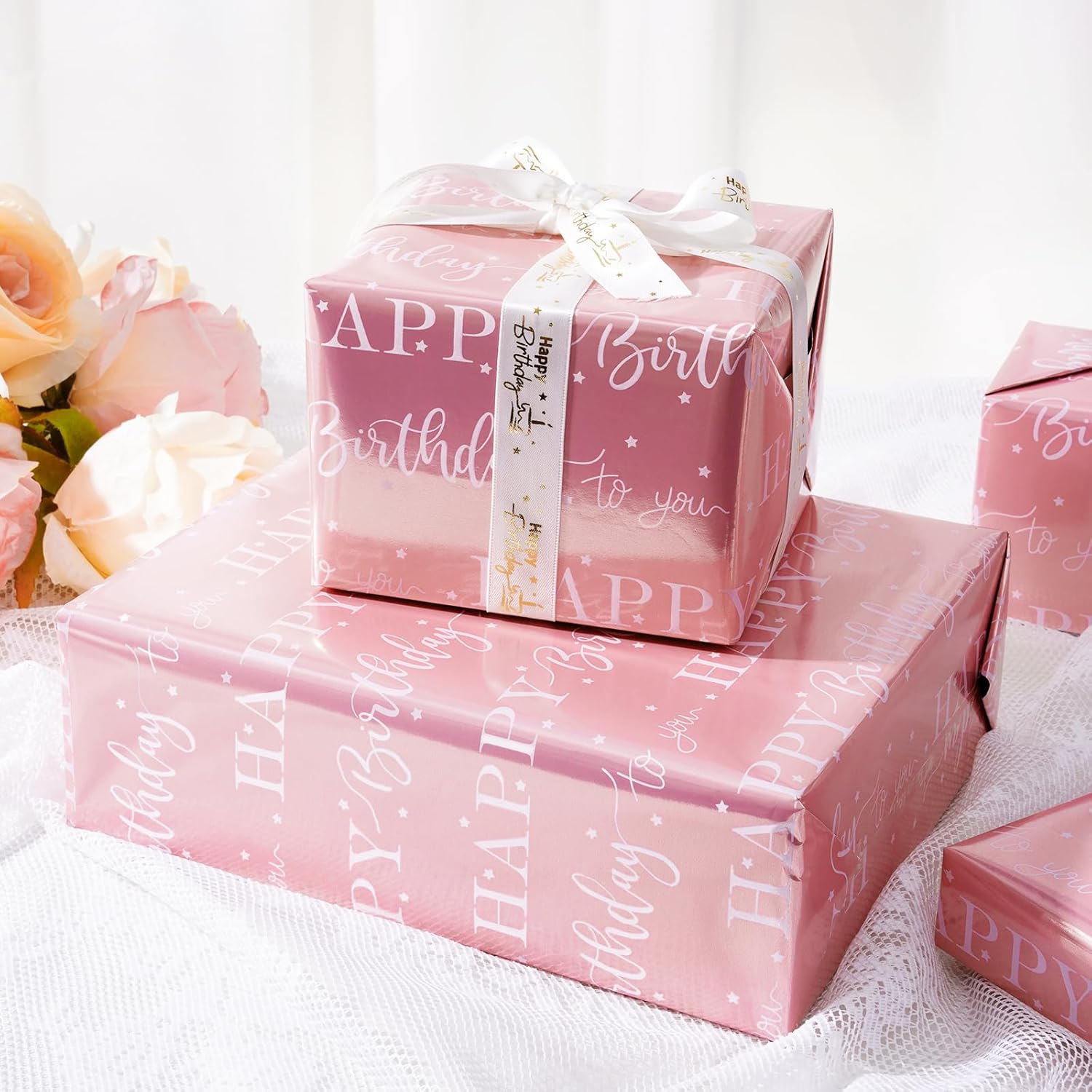 Pink Birthday Wrapping Paper Roll,Metallic Foil Gift Wrap For Women Girls, Shiny Star & Happy Birthday Lettering Design, 17" X 33 Ft (46.5 Sq.Ft)