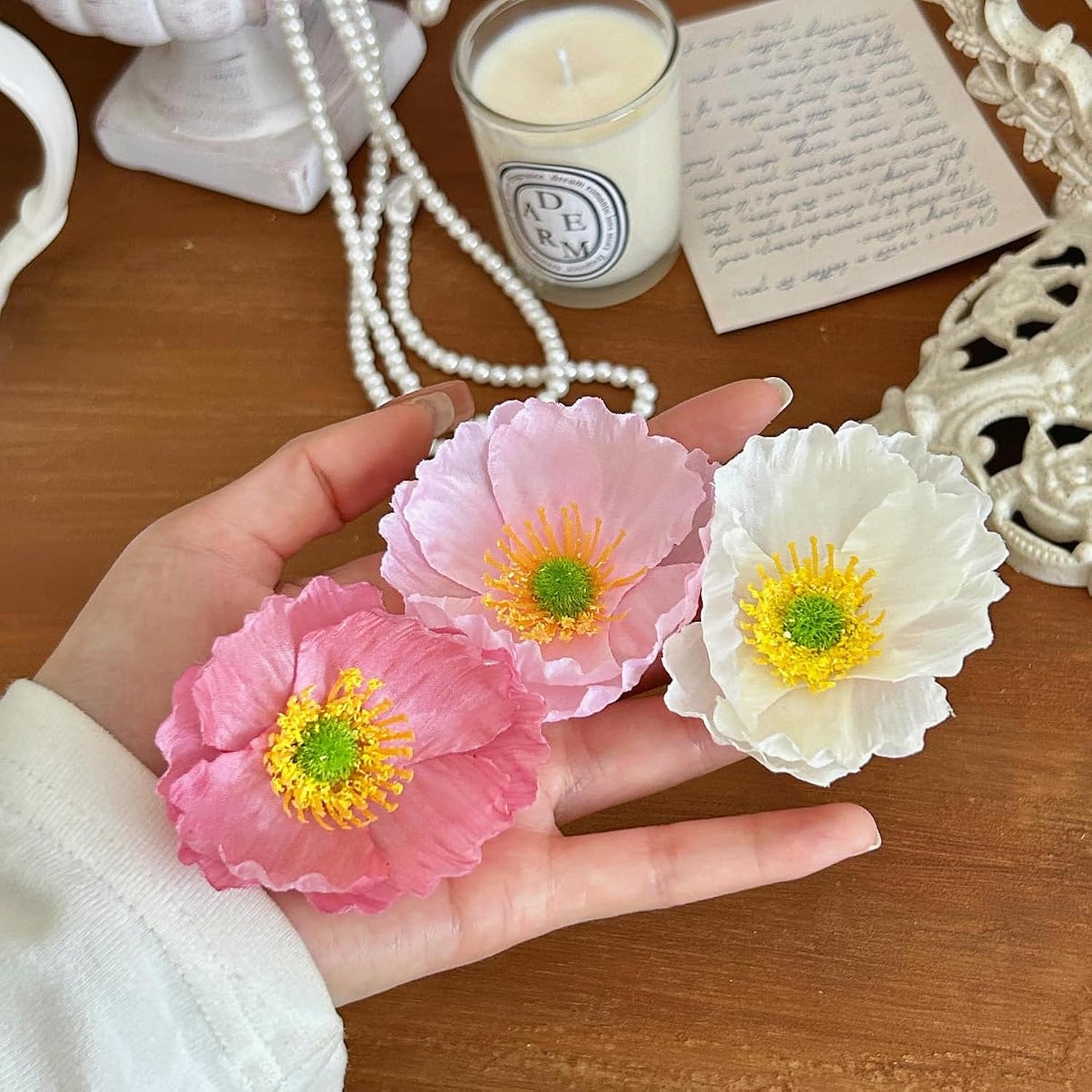 White Poppy Flowers Bulk 50Pcs Silk Poppy Flowers Heads 2" Stemless Faux Flowers Wildflowers Artificial Flowers For Wedding Home Corsages Party Centerpiece Decor(White)