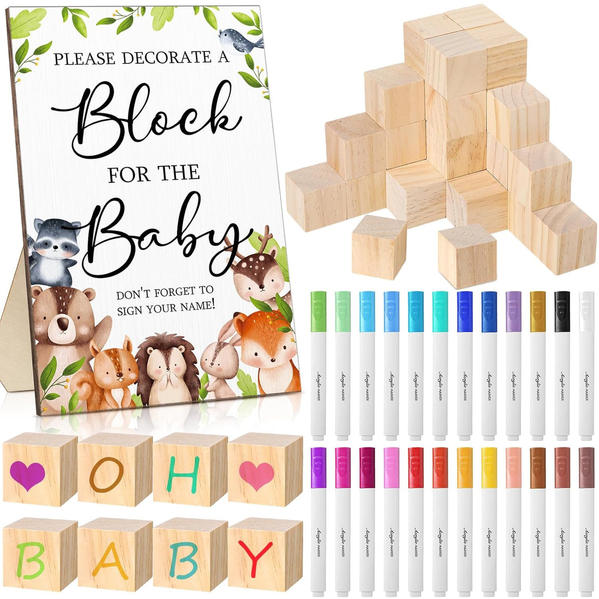 75 Pcs Baby Shower Games Sign Kit Including Decorate A Block Game Sign 50 Diy Wooden Block 24 Acrylic Paint Pens Prize For Baby Shower Gender Reveal Party(Woodland)