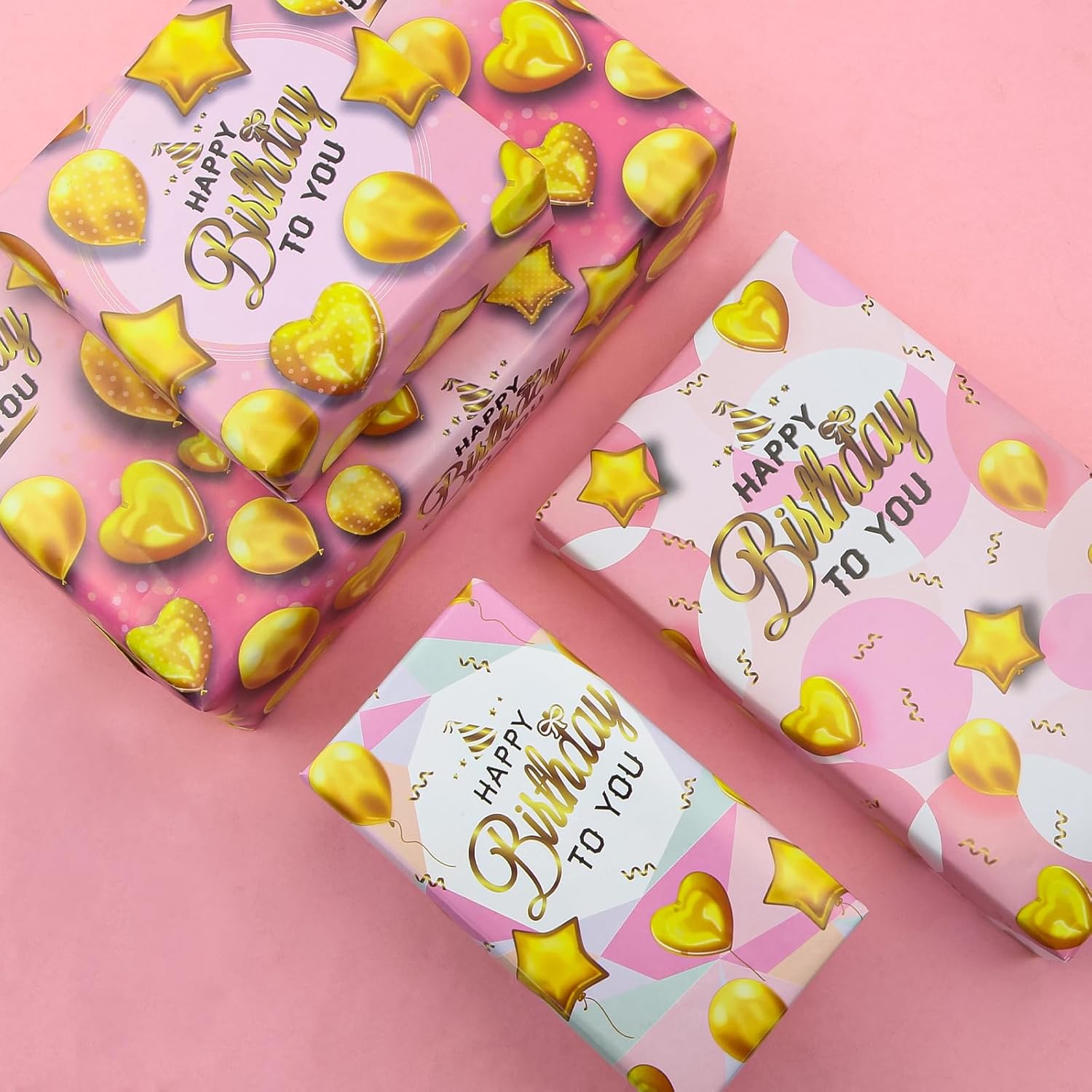 Happy Birthday Wrapping Paper 4 Sheets Pink Gold Gift Wrapping Paper Golden Star Love Heart Balloon Gift Wrap Paper For Mom Dad Birthday Kids Girls Boys Men Women Gift Wrap Paper,28 * 20 Inch