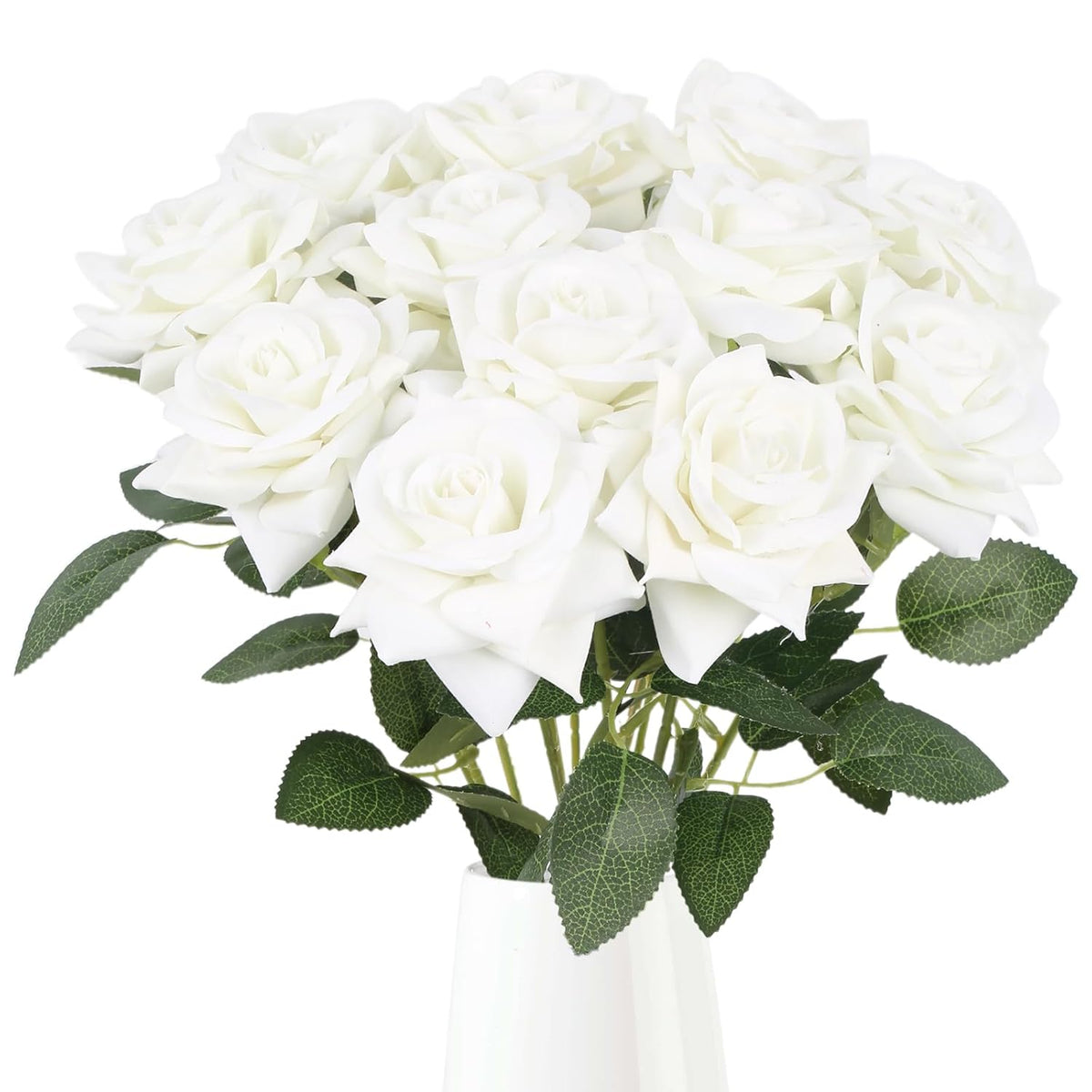 12Pcs Velvet Roses Artificial Flowers Silk White Roses Faux Roses With Stems Fake Rose Bouquet For Diy Wedding Home Party Table Centerpiece Arrangement Decoration(White)
