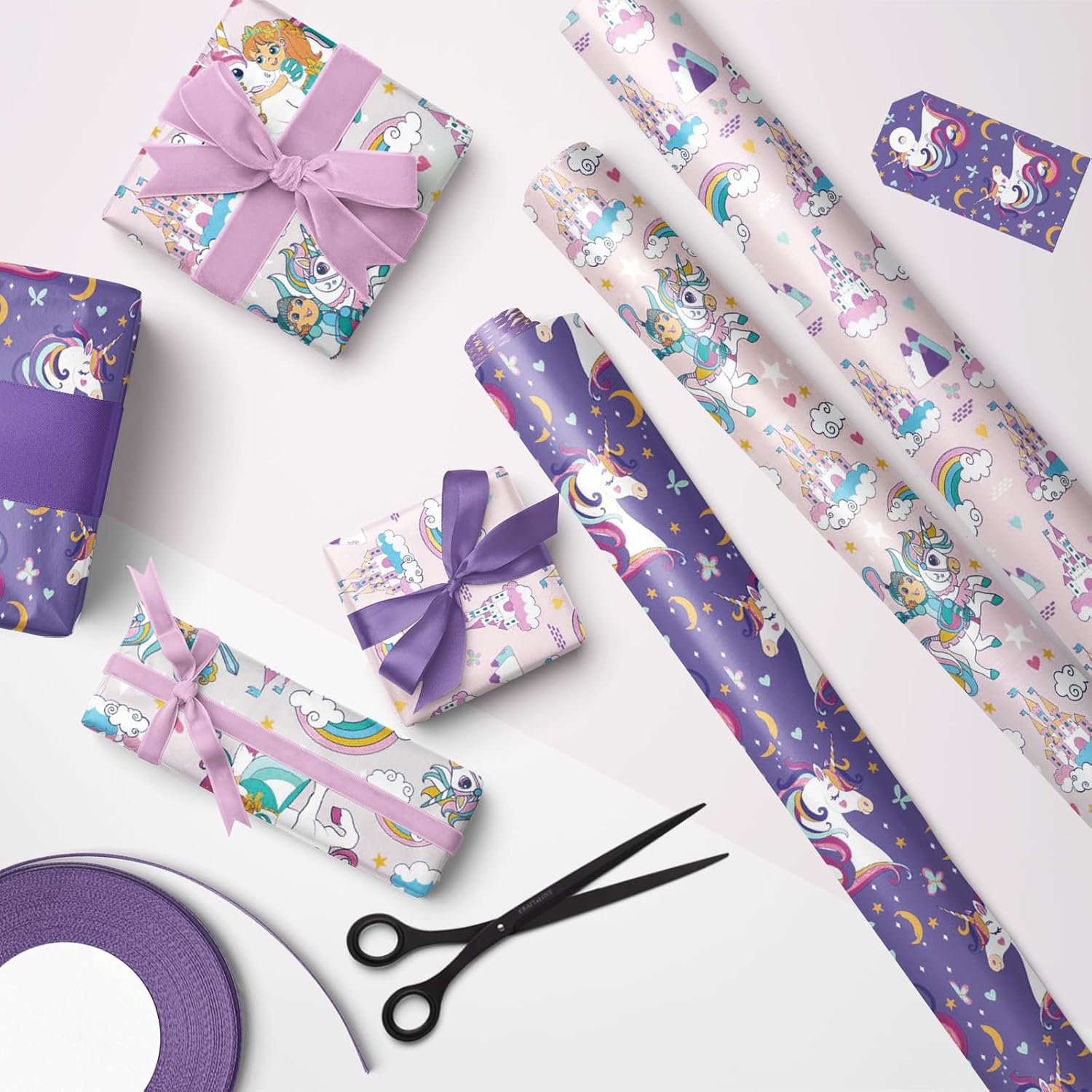 Unicorn Birthday Wrapping Paper Roll For Kids Girls Women, Purple Unicorn Wrapping Paper Rolls, Castle & Rainbow Gift Wrap For Birthday, Baby Shower Party Favor, 17 X 120 Inches, 3 Rolls