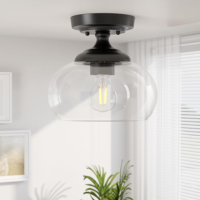 Industrial Semi Flush Mount Ceiling Light Matte Black Clear Glass Farmhouse Fixture