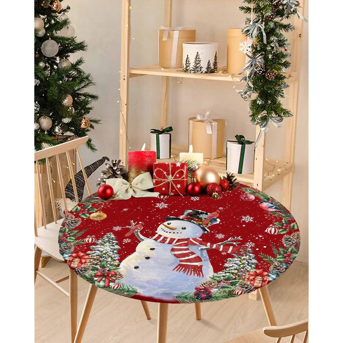 Christmas Snowman Round Table Cloth Fitted Tablecloth,Xmas Tree Wreath Red Table Cover With Elastic Edge Waterproof Table Cloth,Pine Cone Light Ball Circle Table Covers For Kitchen Indoor 36-44In
