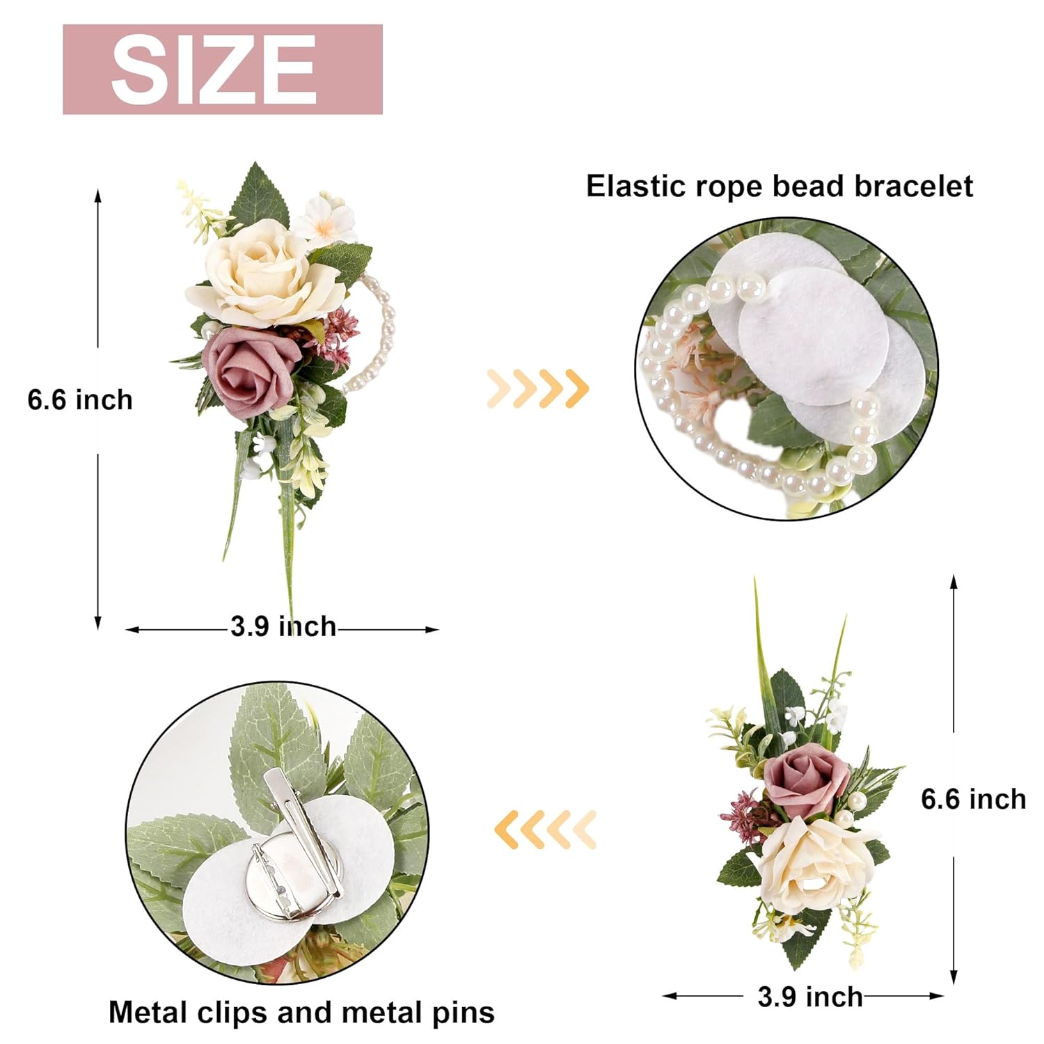 Pink Corsage And Boutonniere Set For Wedding Prom, Artificial Rose Flower Wrist Corsage Bracelets, Homecoming Corsage Wristlet, Boutonniere For Men Wedding Suit Decorations