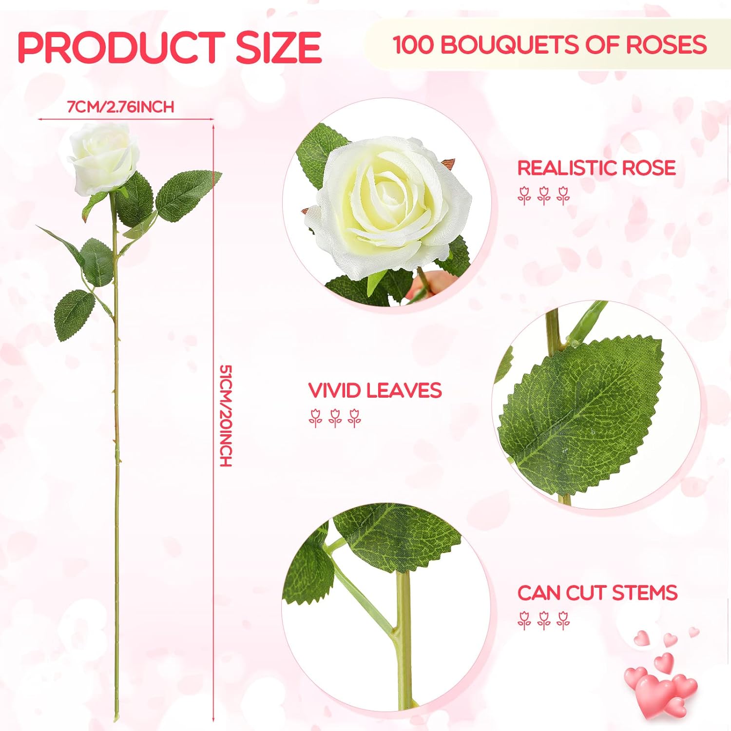 100 Pieces Artificial Roses Flowers Bulk, Long Stem Realistic Fake Silk Roses Bouquet For Table Centerpiece Vases Wedding Party Kitchen Decor(White)