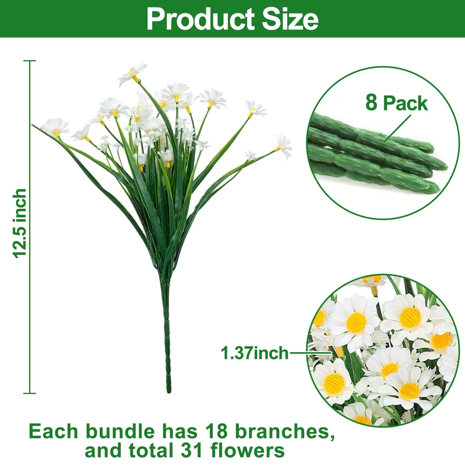 8 Bundles Artificial Daisy Flowers Outdoor Spring Decor Uv Resistant Fake Flowers Faux Plastic Greenery Shrub Plant Indoor Hanging Gardens Window Porch Box Cemetery Summer Décor(White)