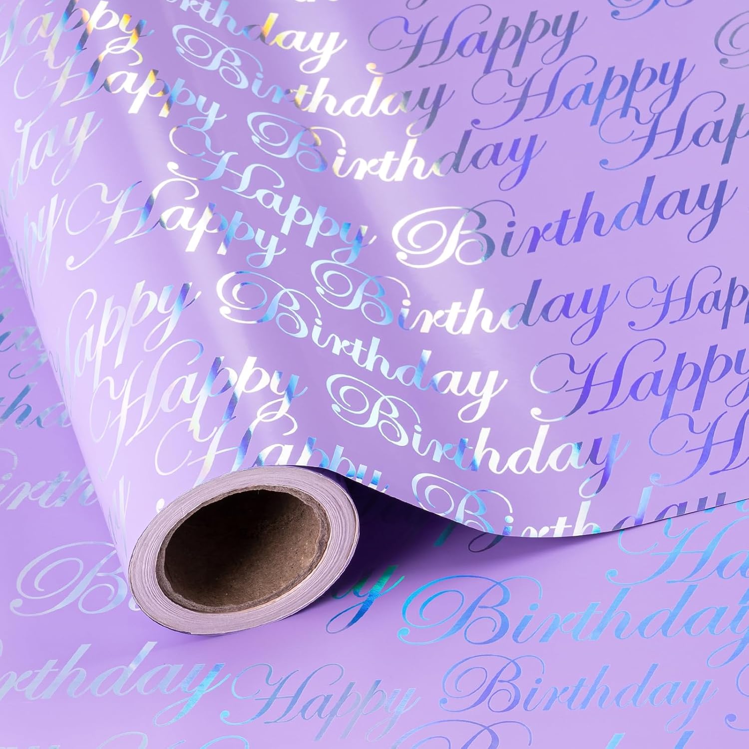 30 Inch Reversible Birthday Wrapping Paper - 30 Inch X 33 Feet - Puprle And Silver Foil Happy Birthday Wrapping Paper For Girls, Women, Kids, Baby Shower