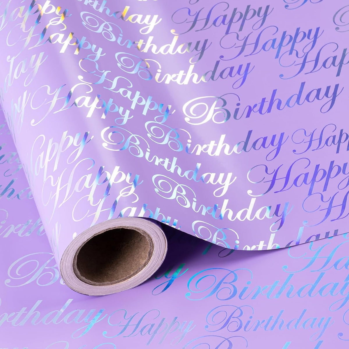 30 Inch Reversible Birthday Wrapping Paper - 30 Inch X 33 Feet - Puprle And Silver Foil Happy Birthday Wrapping Paper For Girls, Women, Kids, Baby Shower