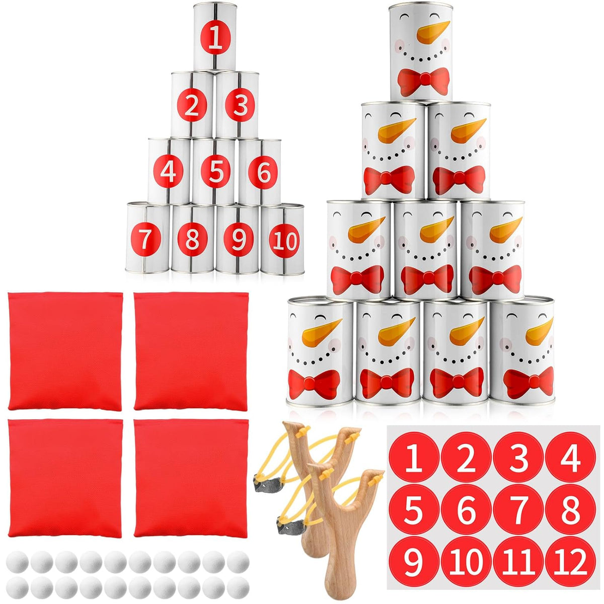 37 Pcs Carnival Party Knockdown Can Game Set Bean Bag Toss Slingshot Shooting Game With 10 Metal Cans 4 Bean Bags 2 Wooden Slingshot 20 Foam Balls For Outdoor Indoor Family Party Supply