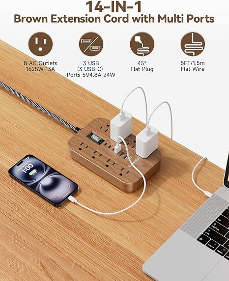 Power Strip with USB Ports 8 Outlets 6 USB 5FT Extension Cord Wood Finish Charging Station