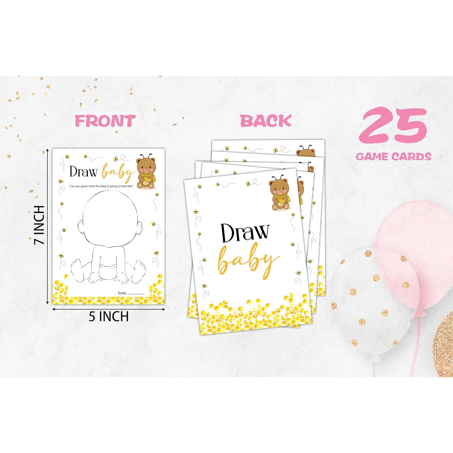 Bee Baby Shower Games - Boy Girl Gender Reveal - Draw Baby Cards - 25 Cards