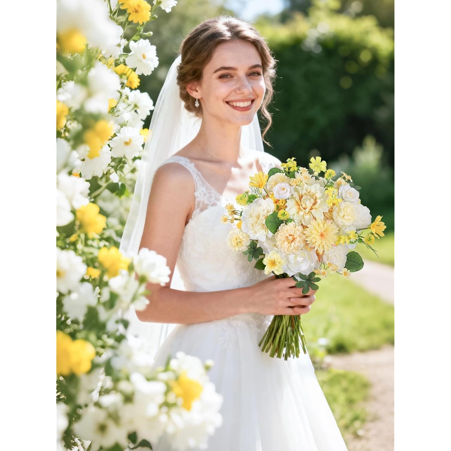 Artificial Flowers Combo Box Set White Yellow Roses Dahlia Fake Silk Flowers With Stems For Diy Wedding Bridal Bouquets,Floral Arrangement,Table Centerpieces,Baby Shower,Home Decorations