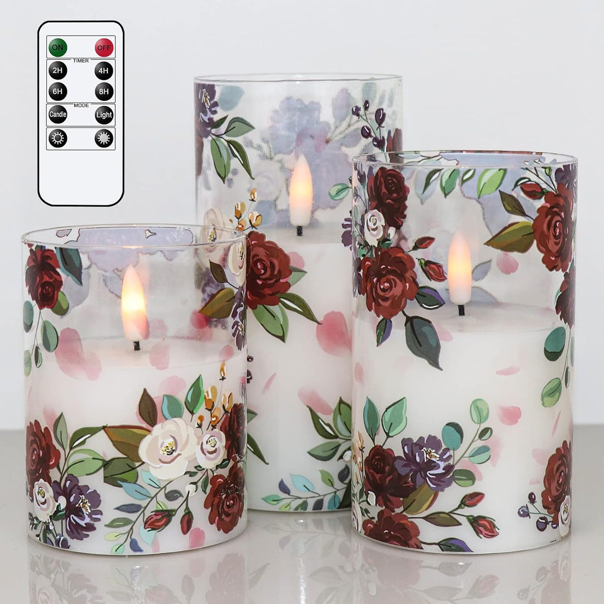 Battery Operated Glass Flameless Candles With Remote And Timer Real Wax 3D Wick Flickering Rose Led Pillar Candles Wedding Dinner Christmas Holiday Decor D3 X H4, 5", 6"