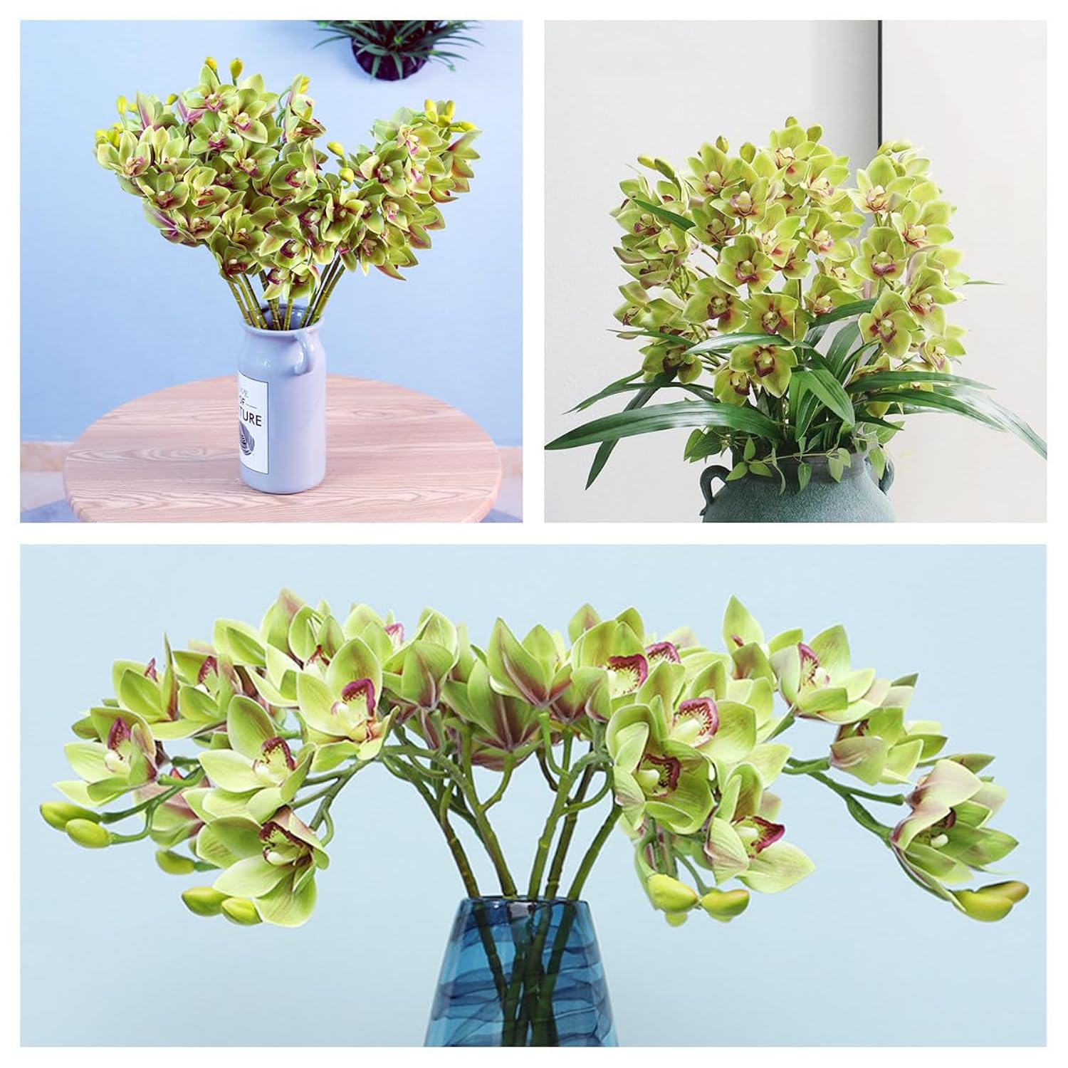 28.4" Artificial Phalaenopsis Flowers,Latex Phalaenopsis Branches,3D Faux Cymbidium Flowers 10 Large Petals Orchids For Home Décor (2, Green)
