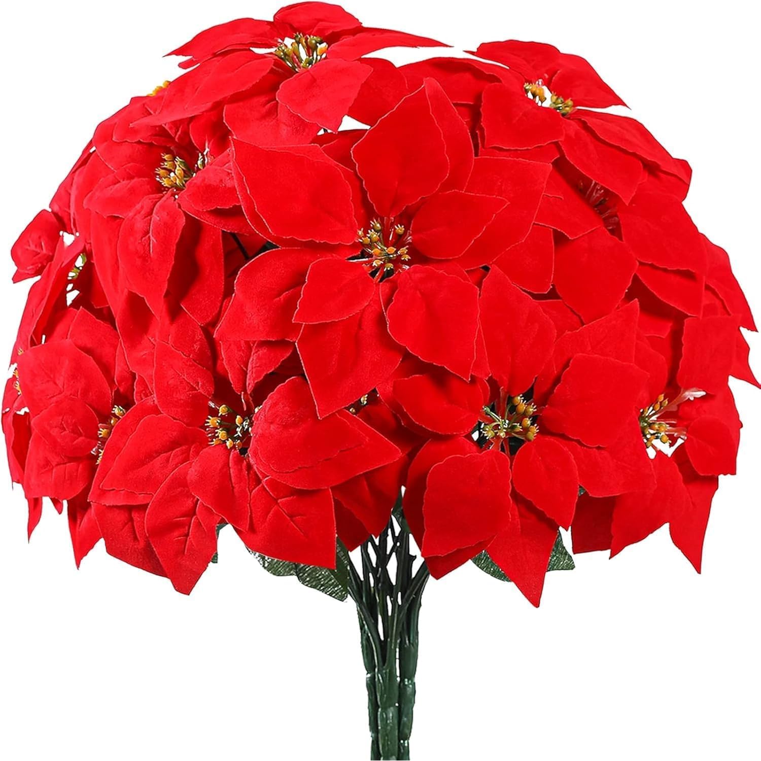 Poinsettias Artificial Christmas Flowers Decorations - 3 Pcs Big Artificial Red Poinsettia Flowers For Christmas Tree,Fake Poinsettia 7.87" With Stems 7 Heads Big Red Flowers For Home Xmas Tree Decor