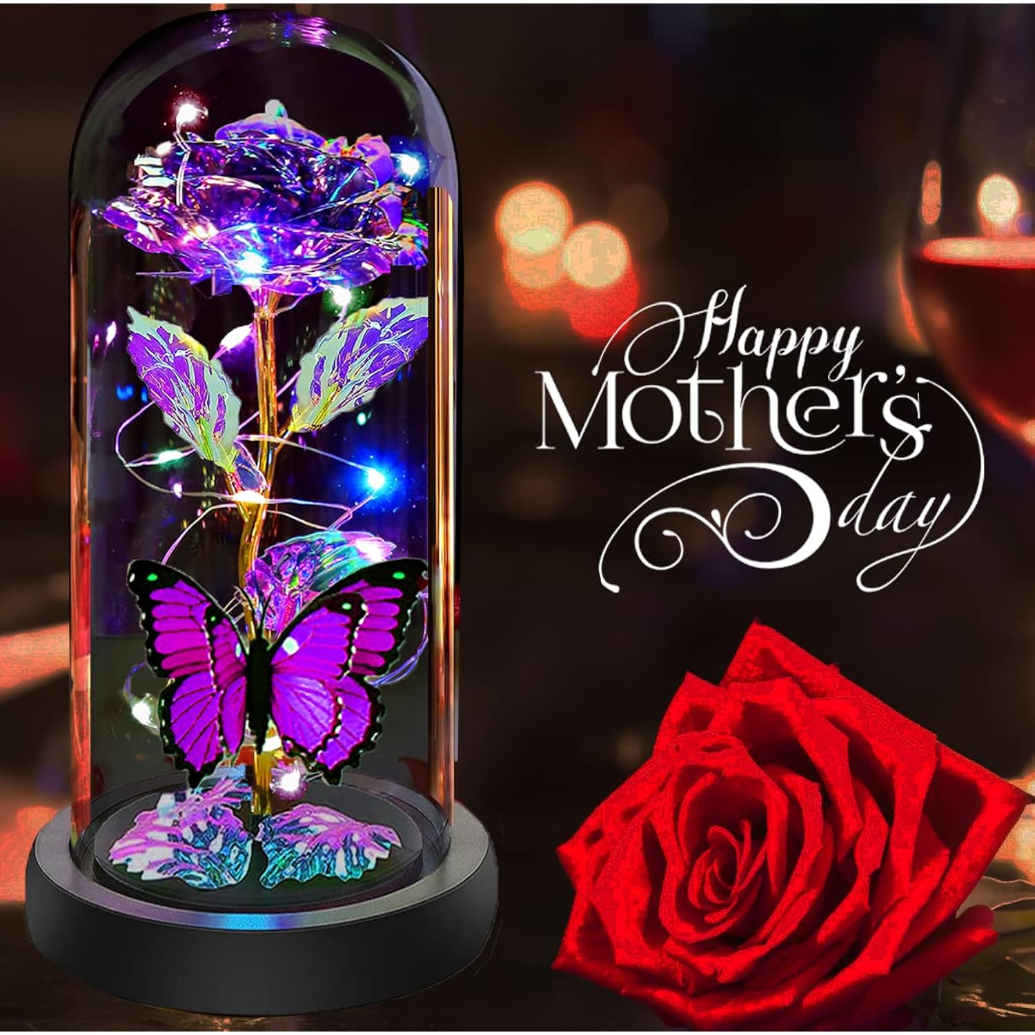 Valentines Day Gifts For Her, Valentines Rose Flowers Gifts, Birthday Gifts For Women, Galaxy Crystal Light Up Rose In A Glass Dome, Valentine Day For Her Women Mom Girlfriend, Purple Butterfly